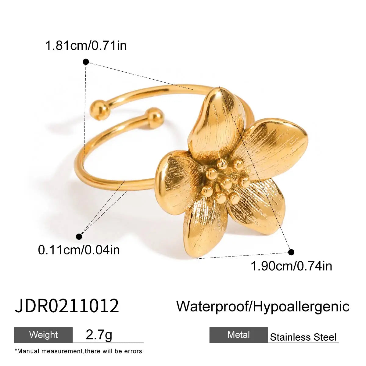 Zora 18K Gold Plated Stainless Steel Light Luxury High End Women's Style - Sweet and Romantic Flower Adjustable Open Ring