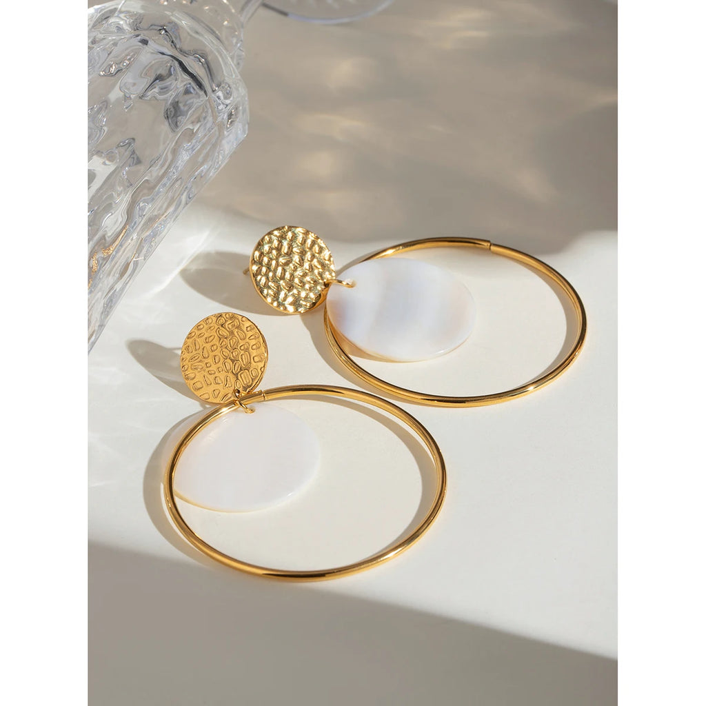 18K Gold Plated Anti Allergic Stainless Steel Hammer Grain Round Shell Hoop Earrings Charm Daily Exquisite Jewelry Bijoux Femme
