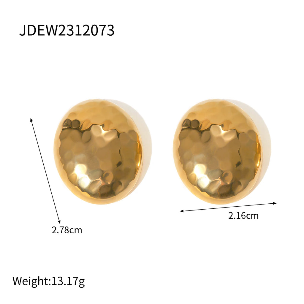 Stijlvolle Unieke Metaal Roestvrij Staal 18k Goud Vergulde Dames Hamer Korrel Patroon Disco Ovale Oorbellen/Ring Set Vakantie Sieraden