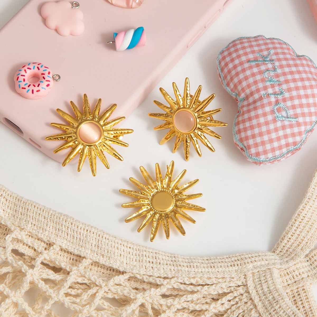 18k vergoldeter Edelstahl Ohrringe mit Sonnenmuster und Katzenaugenstein, Ring für Damen, antiallergisch, rostfrei, stilvoller Schmuck