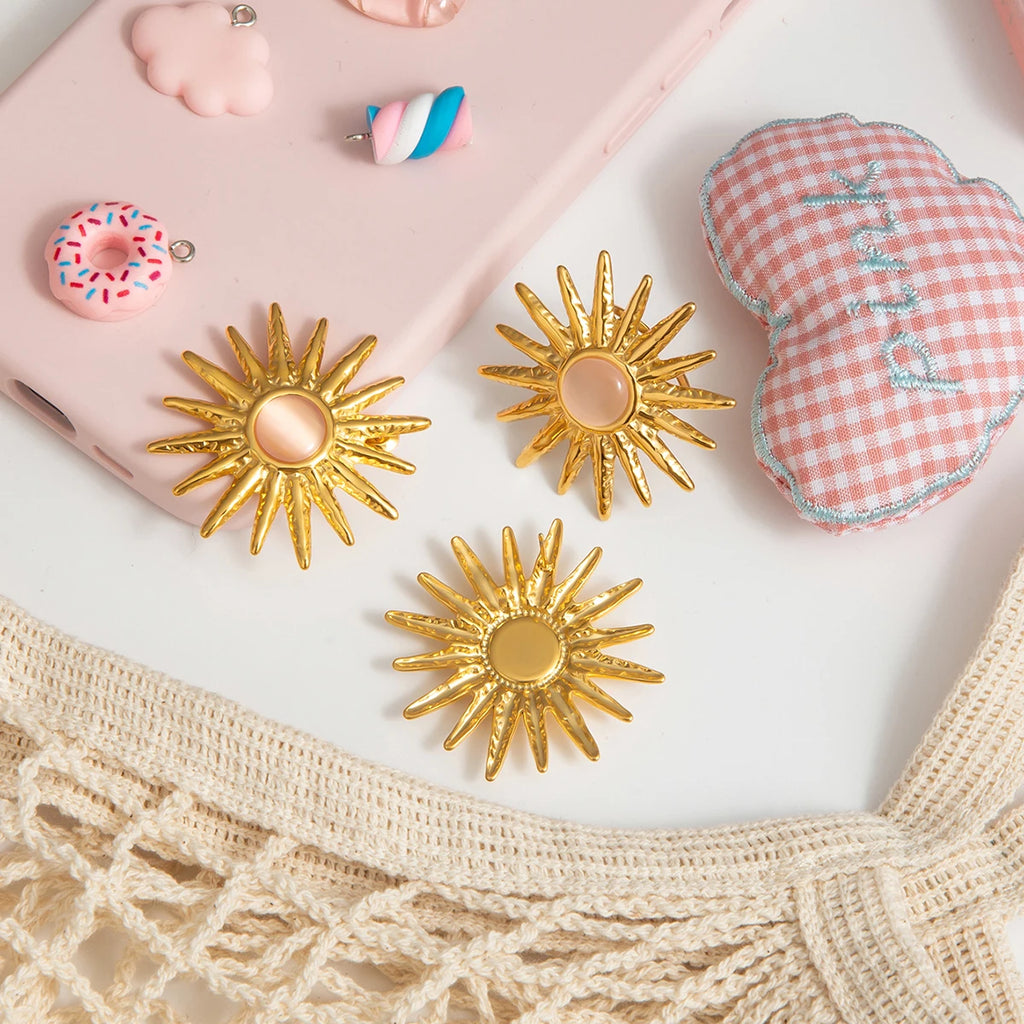 18k Goud Vergulde Roestvrijstalen Oorbellen en Ring met Zonpatroon en Kattenoogsteen voor Vrouwen Anti-Allergisch Roestvrij Stijlvolle Sieraden