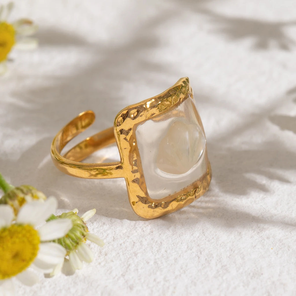 Vintage 18K Gold Plated Stainless Steel Oval Square Shell Open End Ring Women Anti Allergic Charm Daily Jewelry Bijoux Femme