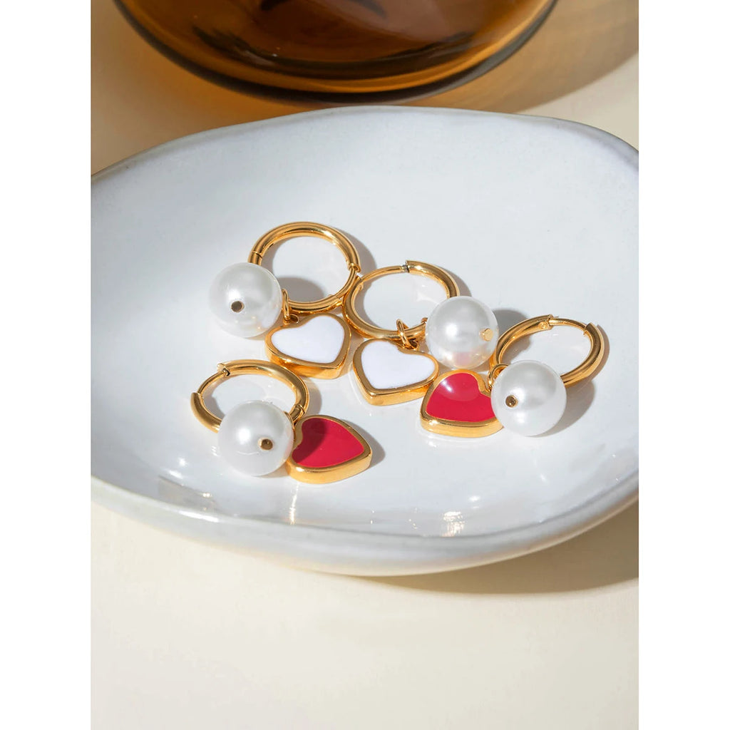 Anti Allergic 18K Gold Plated Pearl White Dripping Oil Love Heart Earrings Stainless Steel Delicate Free Temperament Jewelry