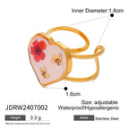 Leichter, gemütlicher, 18k vergoldeter minimalistischer weißer Tropfen-Öl getrockneter Blumen-Open-End-Ring für Frauen aus Edelstahl Statement-Schmuck