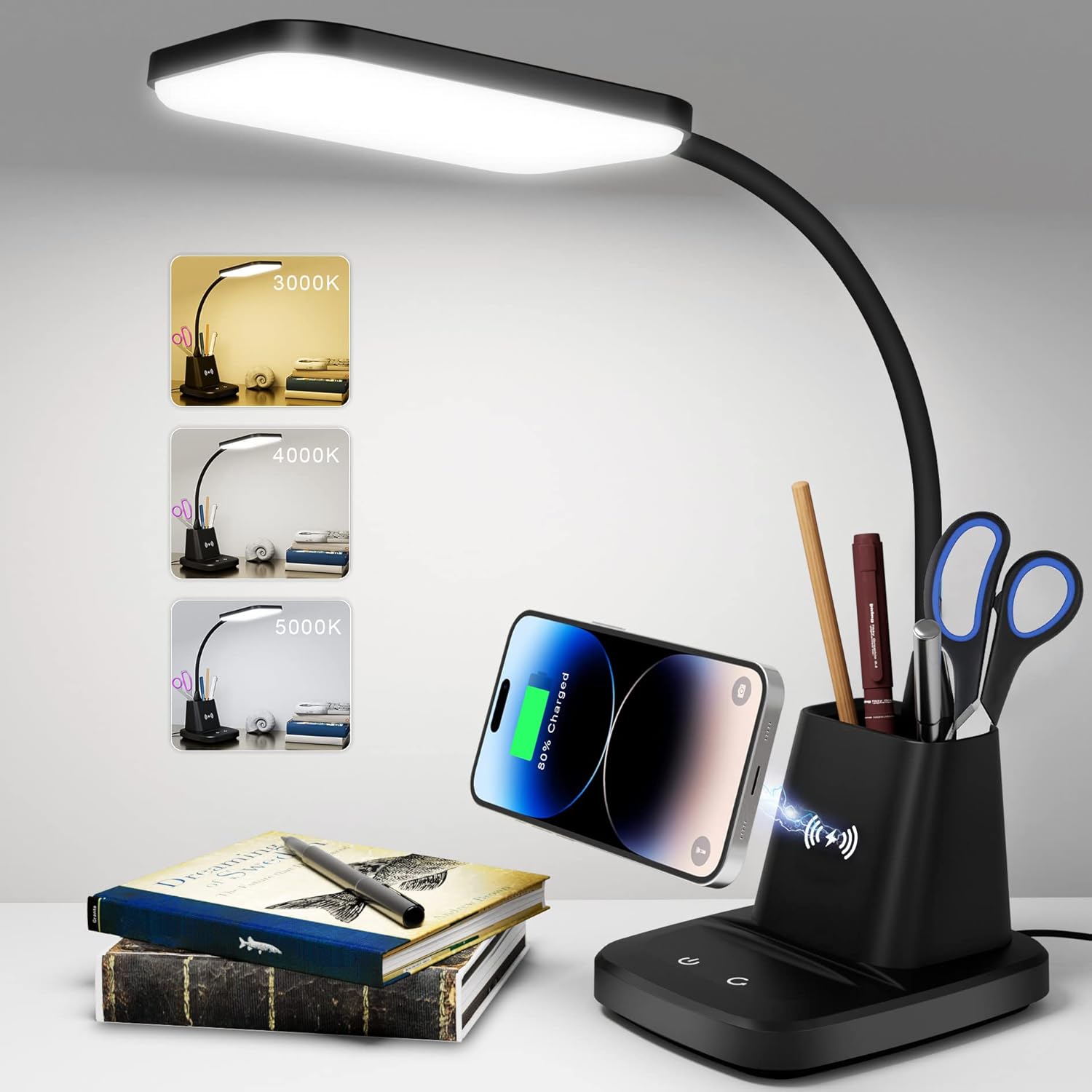 Sailstar Desk Lamp, LED Desk Lamps for Home Office, Wireless Charger Small Desk Lamp with Pen Holder, 3 Color Modes, Dimmable, CRI 85, 800 LM, Study Lamp for College Dorm Room, Adapter Included, Black - Grand Goldman