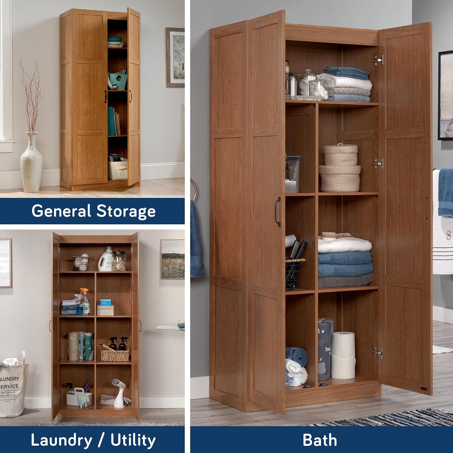Sauder Select Storage Cabinet, Pantry Cabinet Kitchen Storage with Adjustable Shelves, Bathroom Storage Cabinet, in Highland Oak - Grand Goldman