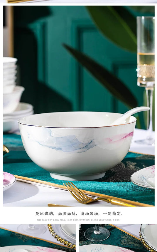 Jingdezhen Ceramic Bowl and Dish Set, Bone Porcelain Bowl and Chopstick Household Tableware Set