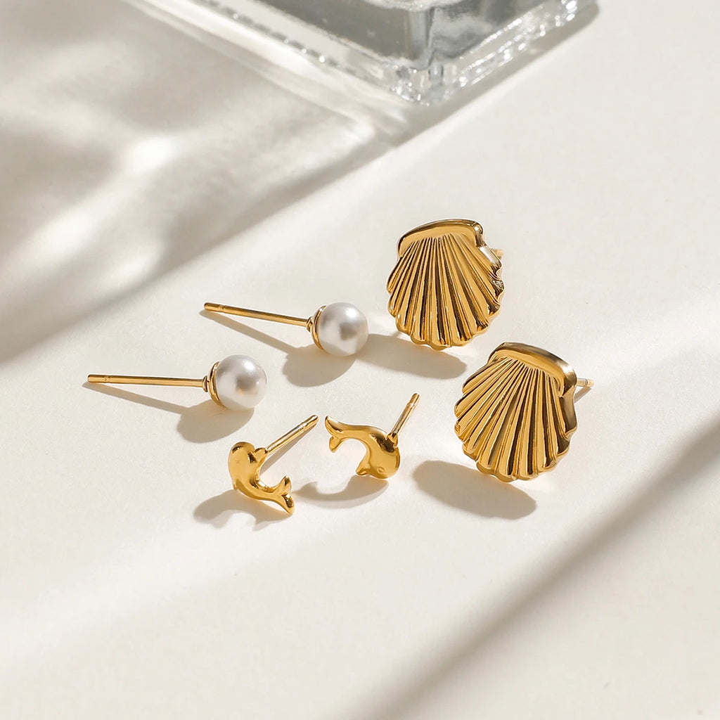 3 par pr. kort rustfrit stål delfinperleribbede skaløreringe 18K rustfrit stål højkvalitets damesmykker Bijoux