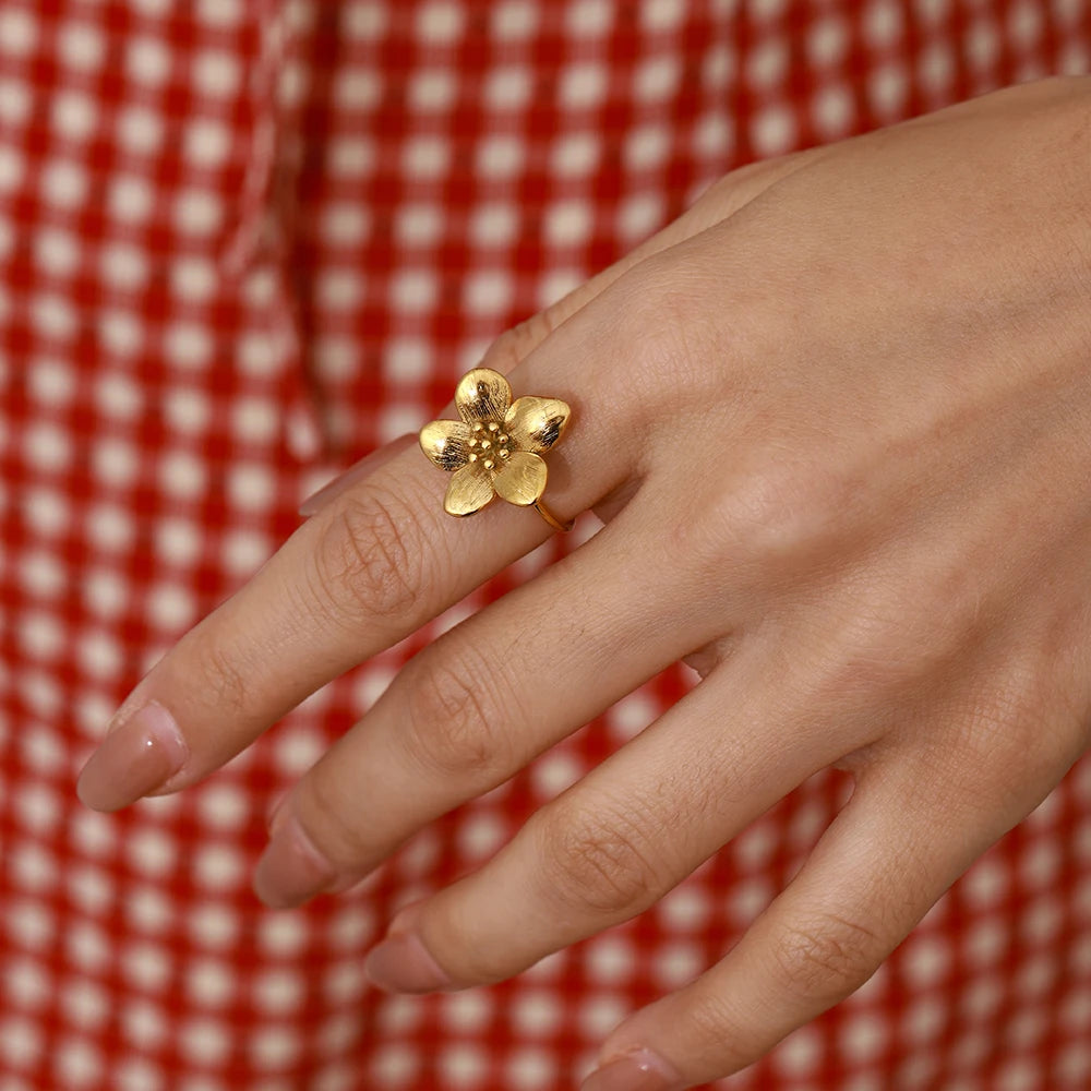 Zora 18K Gold Plated Stainless Steel Light Luxury High End Women's Style - Sweet and Romantic Flower Adjustable Open Ring