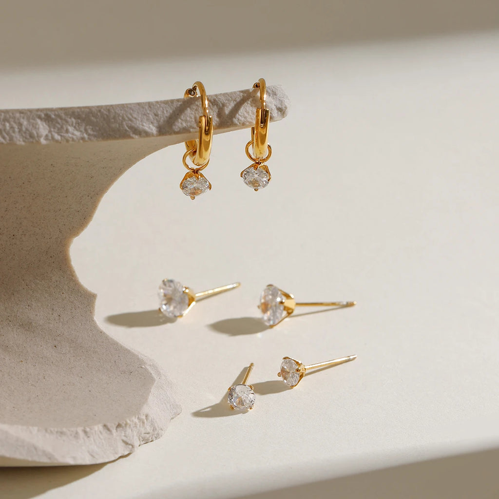 3 Pairs Per Card Stainless Steel White Zircon With Plain Circle Hoop Earrings 18K PVD Plated Anti Allergic Rust Proof Jewelry