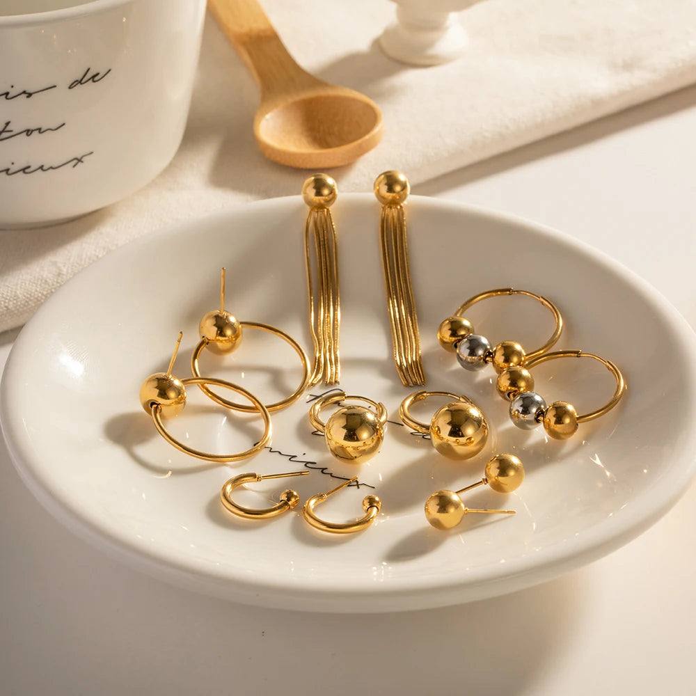 Kadınlar için Minimalist Paslanmaz Çelik Top Damla Küpe Seti Tasarım Rahat Yuvarlak Kolye Bayan Takı Hediyesi Pendientes Mujer