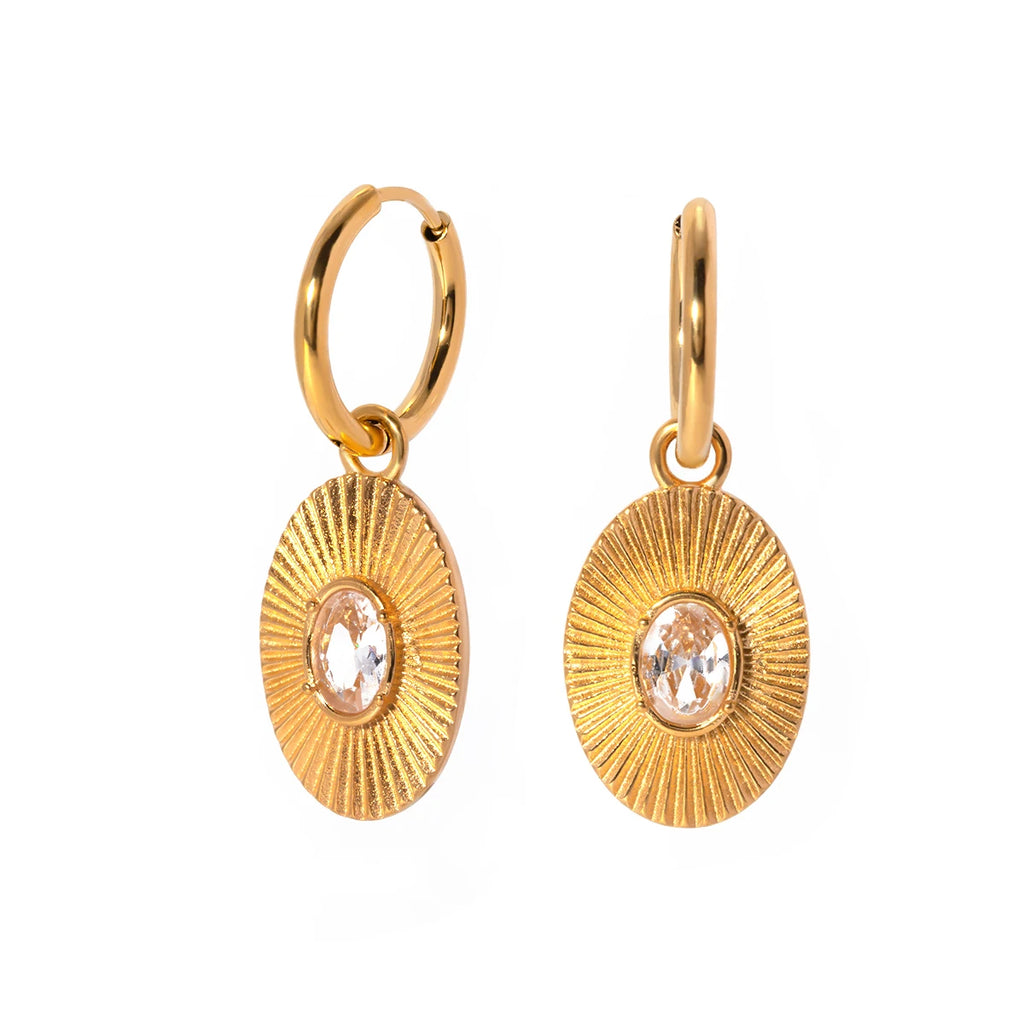 Brincos de Pingente Oval Minimalista em Aço Inoxidável Banhado a Ouro 18K com Incrustação de Diamante Branco à Prova d'Água Personalidade Antiferrugem Joias