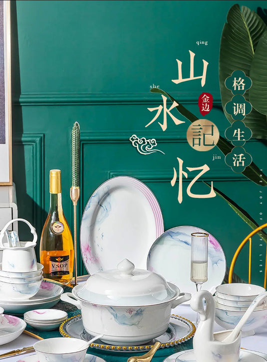 Ensemble de bols et plats en céramique de Jingdezhen, ensemble de vaisselle pour la maison avec bol et baguettes en porcelaine osseuse