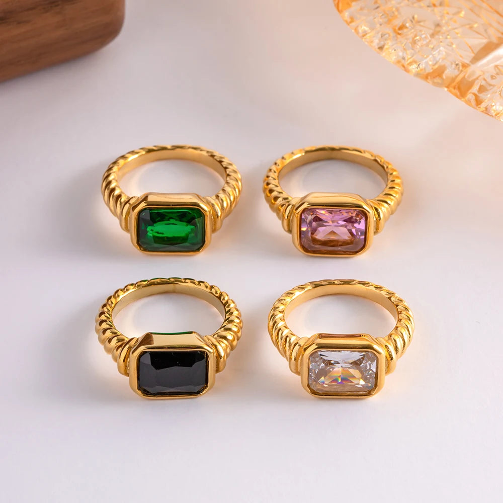 Luxuriöse Croissants Doppelreihe Rechteck Glänzender Kristall Fingerschmuck Trendige 18K Gold Edelstahl Zirkonringe für Frauen