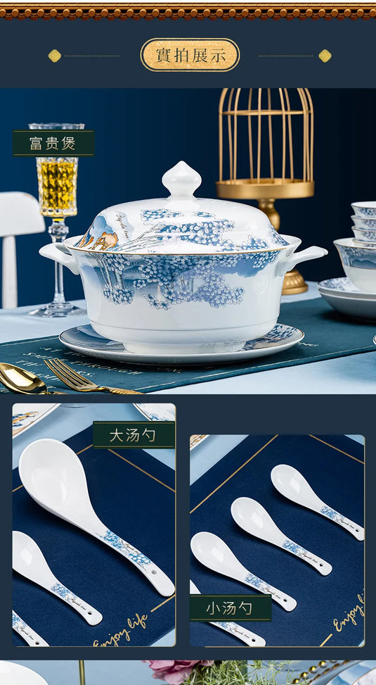 Ensemble complet de bols, plats et assiettes en céramique de Jingdezhen, ensemble de vaisselle en porcelaine bleue et blanche