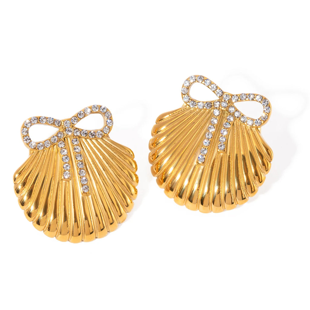 18K PVD Plated Stainless Steel Shell Design Inlay Bowknot Rhinestone Earrings Geometric Waterproof Women Exquisite Jewelry Gift - Grand Goldman