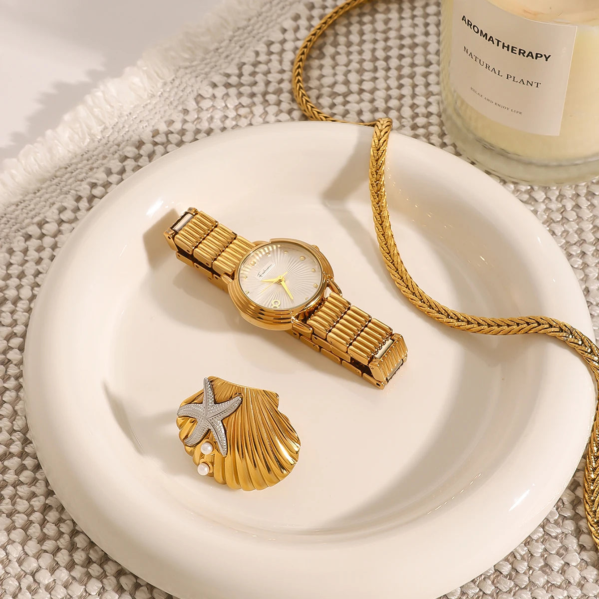 18k vergoldeter Edelstahl-Hammerkorngriff Seestern mit Imitationsperlen-Muschelring Damen Allergieprävention Charmschmuck