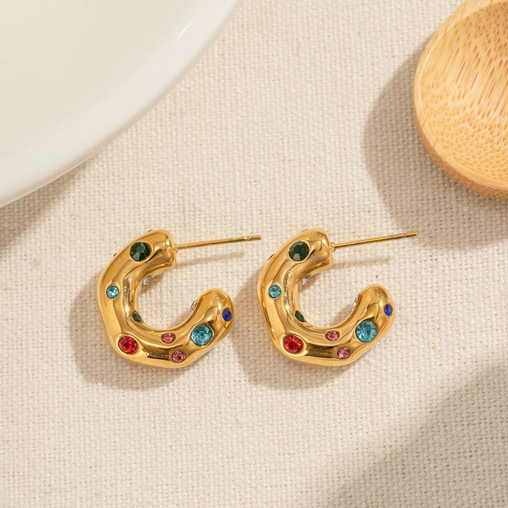 Vintage Y2K C-formet rustfrit stål indlagt farvet zircon Hammer Hoop øreringe til kvinder personlighed vandtæt smykker gave
