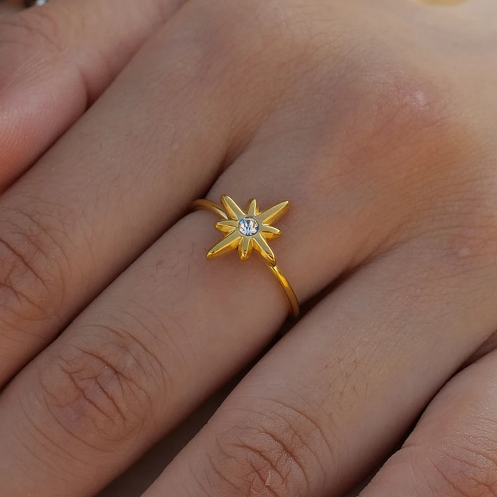 Ny Vintage Octagram Design Sommer 18K guldbelagte smykker Justerbar Rustfrit Stål Vandtæt Ring Til Damer Smykker Gave