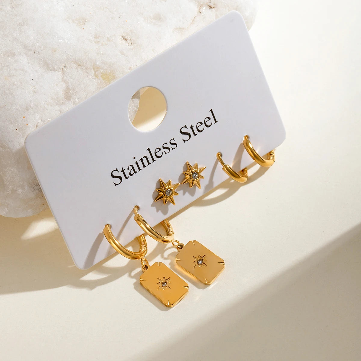 3 Pairs Per Card Stainless Steel White Rhinestone Octagonal Star Plain Circle Ear Buckle Earring Women 18K PVD Plated Jewelry