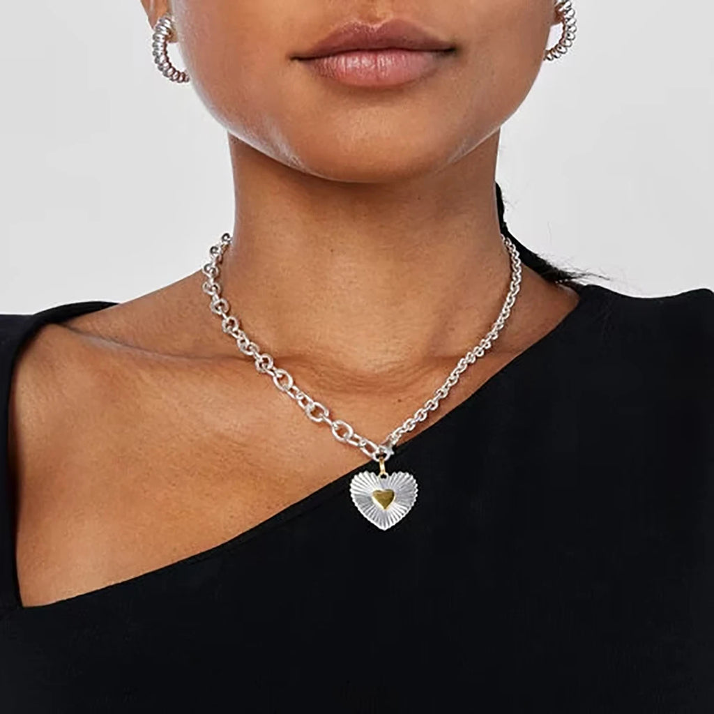 Colar e Brincos Femininos de Coração de Amor com Costura Dourada, Cor Prata e Dourada, em Aço Inoxidável Banhado a Ouro 18k, Anti-alérgicos