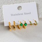 18k Stainless Steel Vintage Green Zircon Ear Clip Hoop Earrings 3 Pairs In One Card Women Statement Charm Rust Proof Jewelry