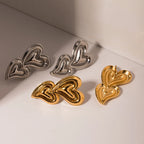 Double Heart Shaped Stainless Steel 18K Gold Plated Liquid Hammer Grain Half-3D Earrings Light Luxury Tarnish-proof Jewelry - Grand Goldman