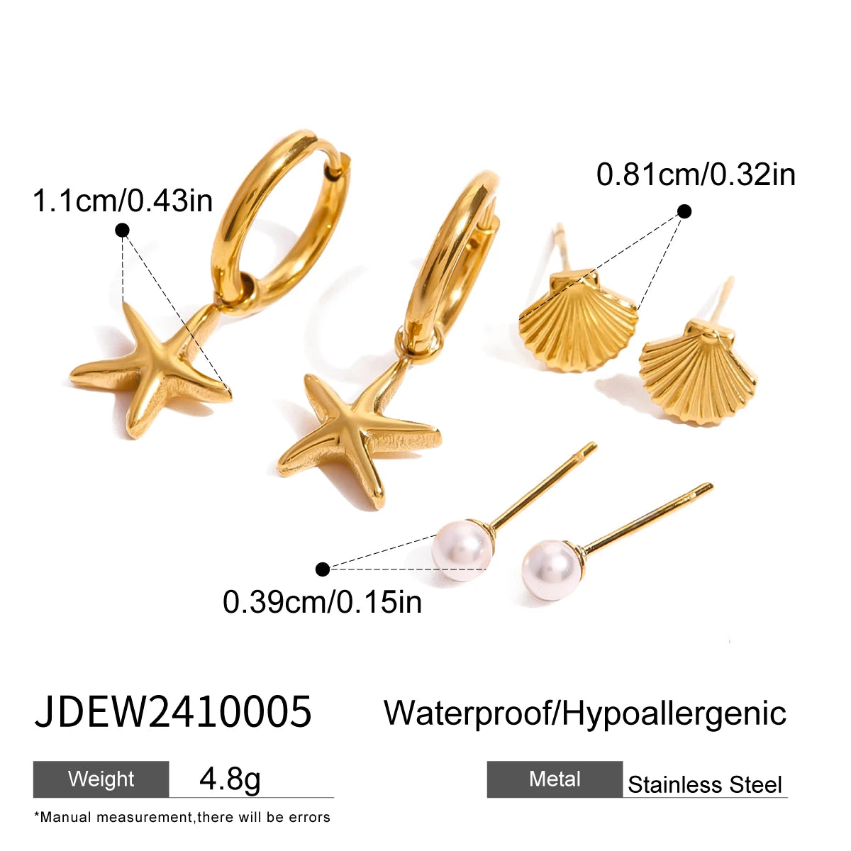 3 par pr. kort rustfrit stål shell perle ribbet shell glat søstjerne vedhæng øreringe kvinder 18K rustfrit stål smykker