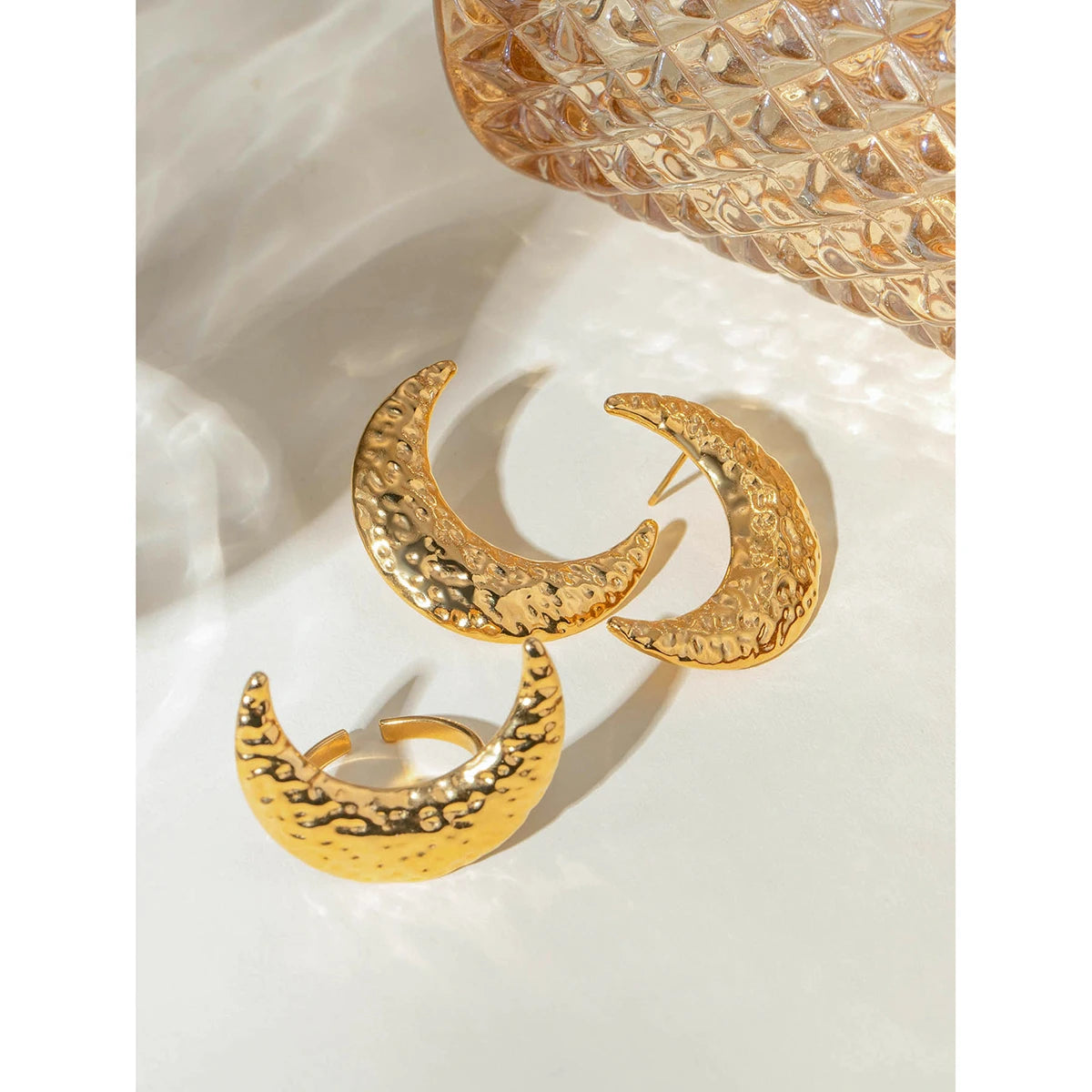 18K PVD Plated Trendy Stainless Steel Hammer Grain Half-Moon Earrings Opening Ring Set Waterproof for Women Gala Gift - Grand Goldman