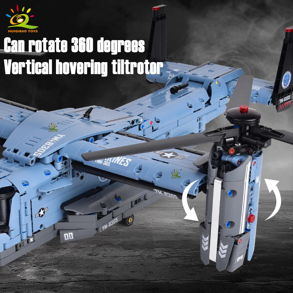 HUIQIBAO MOC 1389PCS V-22 Tiltrotor Aircraft Helicopter Building Block Children Military Airplane model Bricks Toy home Decor.