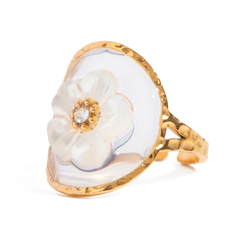 18K Gold Plated Stainless Steel Oval Shell Flower Steel Bead Open Ring Women Creative Anti Allergic Charm Daily Jewelry