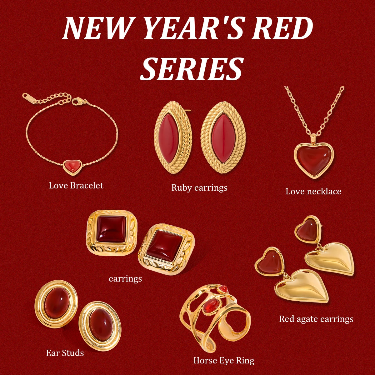 18k forgyldt rustfrit stål indlagt natursten rød agat øreringe Halskæde Armbånd serie Bijoux Femme vandtætte smykker
