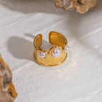 Hamerslagpatroon Schelp Kraal Kroon Open Ring Roestvrij Staal Metaal 18K Goud PVD Geplateerd Voorkomt Allergie Aantrekkelijk Sieraad