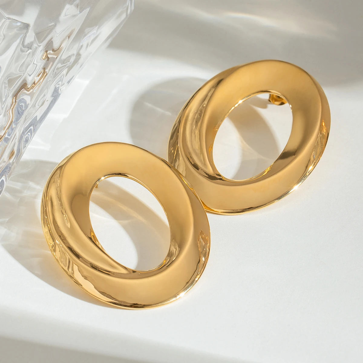 Oval Shaped Hollow Plain Earrings Stainless Steel Metal 18K PVD Gold Plated Women Prevent Allergy Delicate Jewelry - Grand Goldman