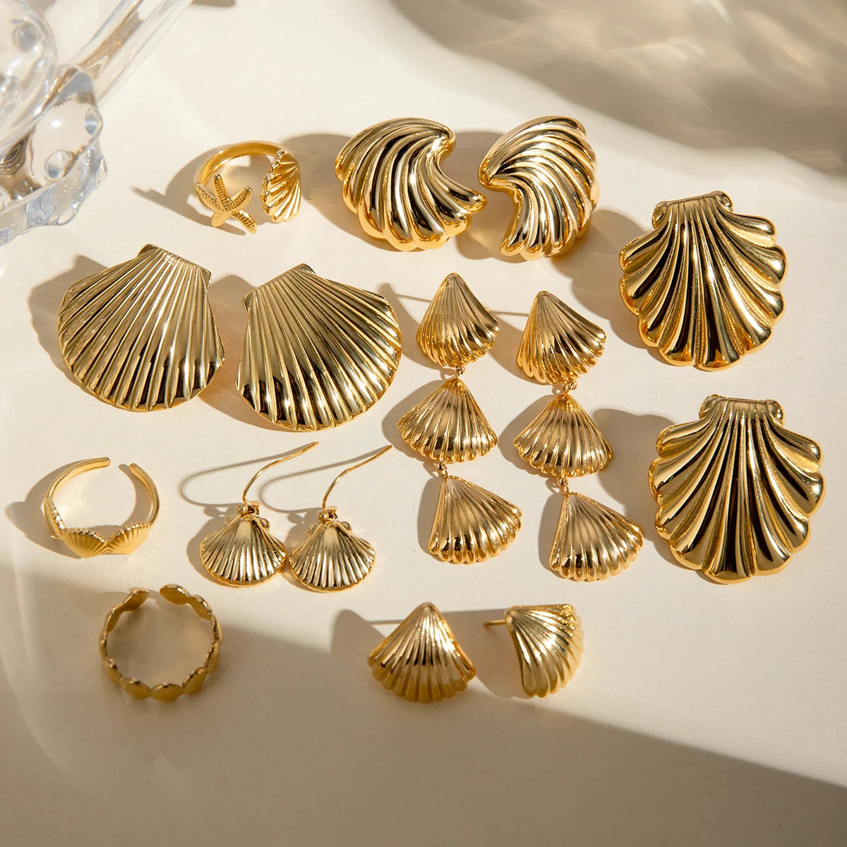 Sea Starfish Shell Series Vintage 18K forgyldte åbne ring ørestikker rustfrit stål Statement Vandtætte smykker kvinder