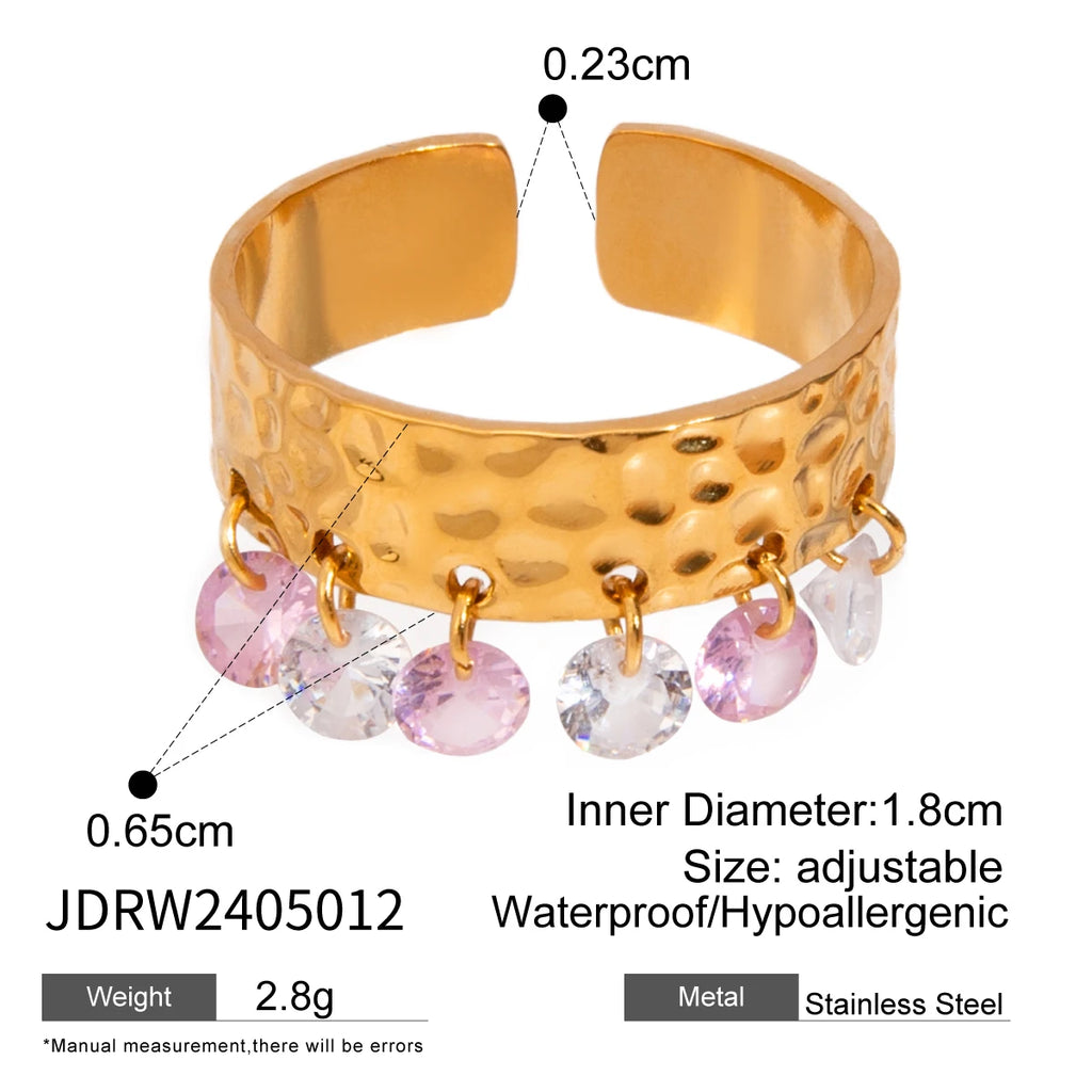 Anel Aberto Feminino de Aço Inoxidável com Pedra Natural Colorida, Padrão de Grão Martelado, Banhado a Ouro 18K Anti-alérgico, Charme para Uso Diário