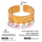 Anel Aberto Feminino de Aço Inoxidável com Pedra Natural Colorida, Padrão de Grão Martelado, Banhado a Ouro 18K Anti-alérgico, Charme para Uso Diário
