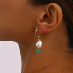 Elegante 18k vergoldete Edelstahl-Ohrringe mit Imitationsperlen und grünem Naturstein, Damen, allergiepräventiver Schmuck