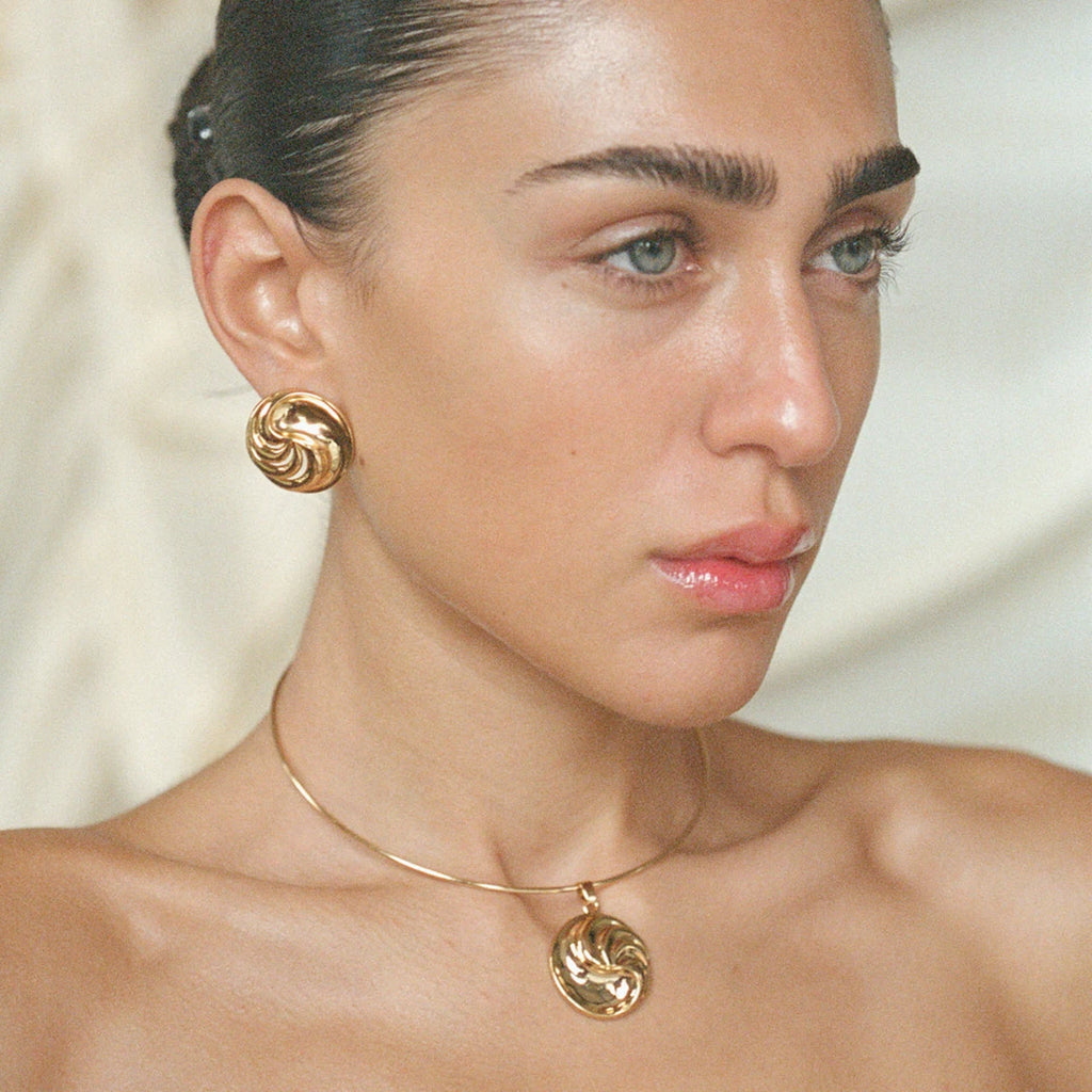 18K Gold Plated Round Convexity Thread Pendant Collar Earring Set Metal Texture Stainless Steel Delicate Charm Stylish Jewelry