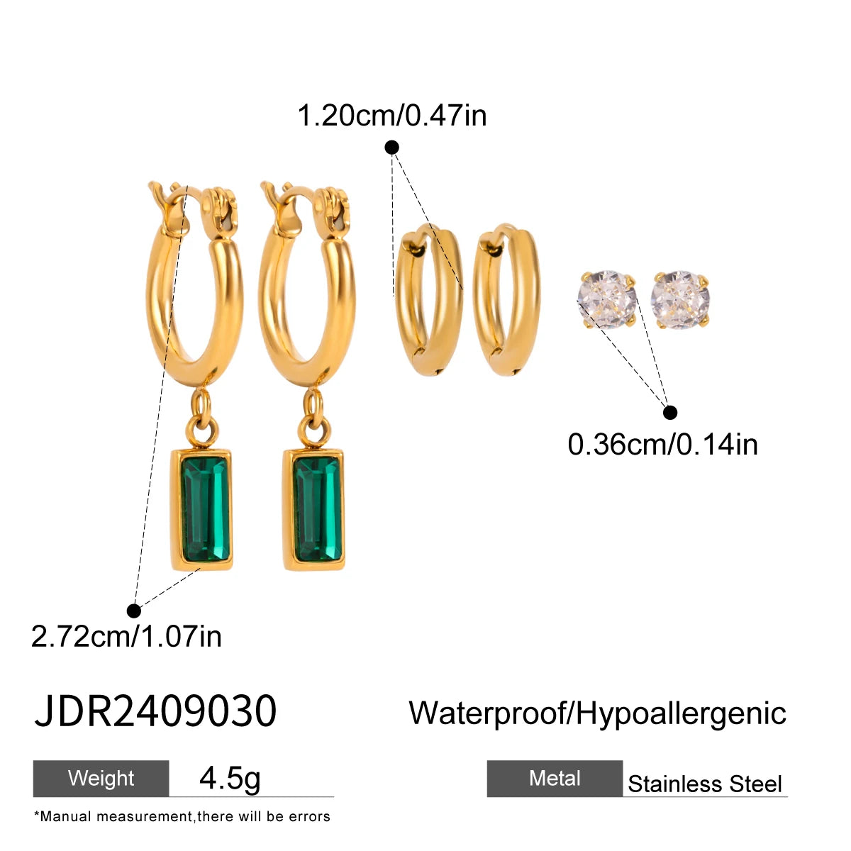 3 Paare pro Karte Edelstahl weiße Strass-Perlen-Ohrringe für Damen 18K PVD-beschichtet, antiallergisch, rostfrei Schmuck