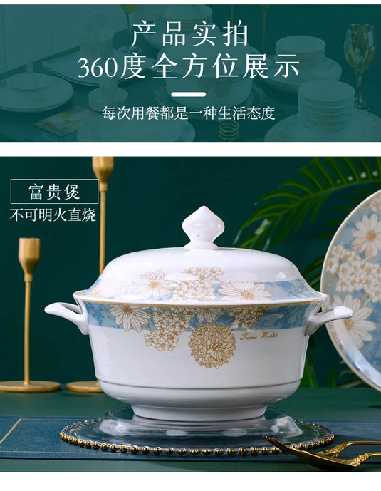 Bols et assiettes de luxe modernes Vaisselle en céramique Jingdezhen, ensemble de bols et d'assiettes à bordure dorée, ménage