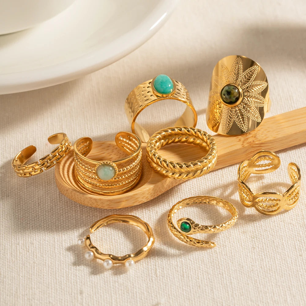 Vintage Classic Natural Stone Open Ring Set For Women Ladies Gold Color Stainless Steel Adjustable Jewelry Gift Anillos Mujer