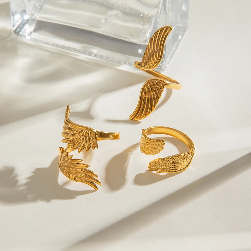 18K vergoldeter Edelstahl Friedenstaube Flügel Federn offener Ring Damen Nischen Leichter Luxus Anti-Allergie Schmuck