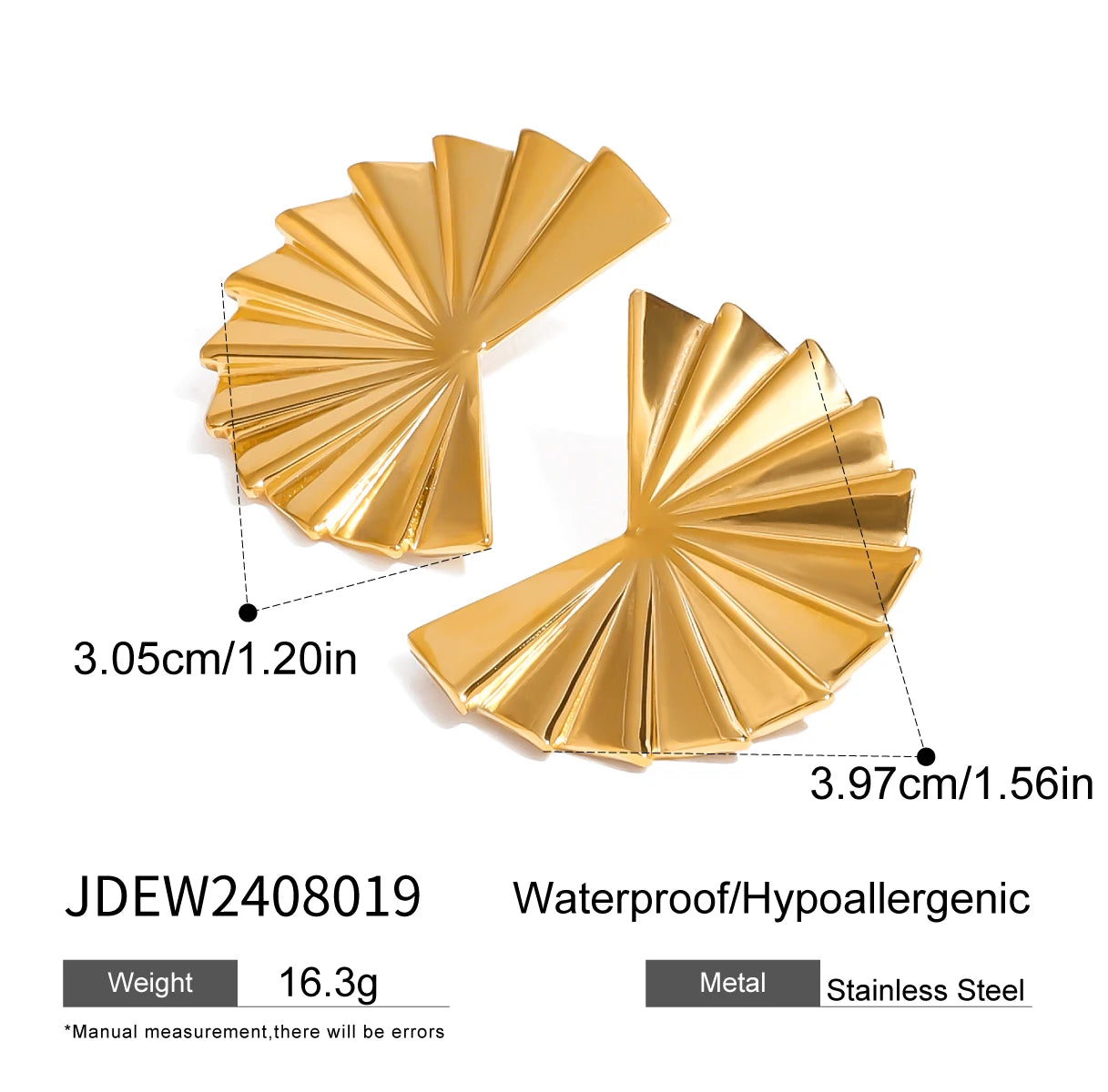 18K goud vergulde roestvrijstalen gladde geplooide waaier-vormige oorbellen dames charms metalen textuur waterdichte sieraden gala cadeau