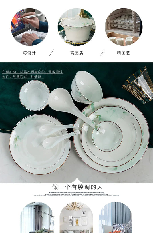 Jingdezhen Bone Porcelain Bowl and Plate Set, Ceramic Tableware Bowl and Chopstick Set