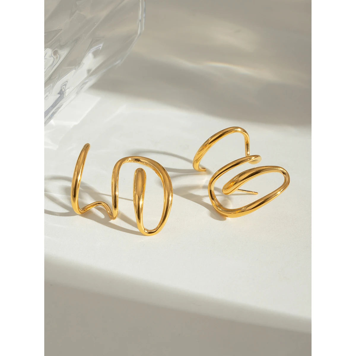 Minimalist 18K Gold Plated Stainless Steel Design Sense of Rotary Line Earrings Women Daily Metal Texture Trendy Charm Jewelry - Grand Goldman