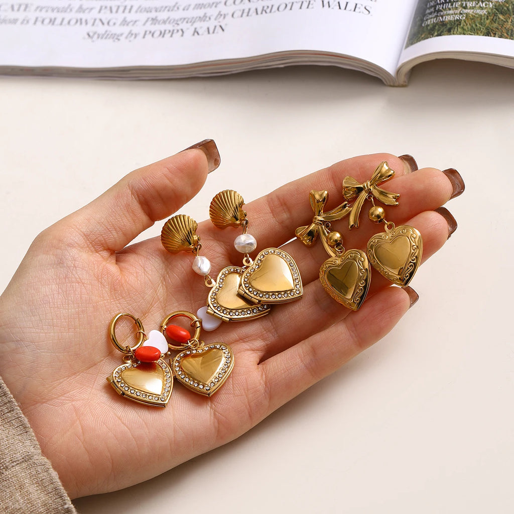 Orecchini a goccia con conchiglia placcata in oro 18k a forma di cuore d'amore, scatola per foto, acciaio inossidabile, donna, antiruggine, regalo per gala, gioielli