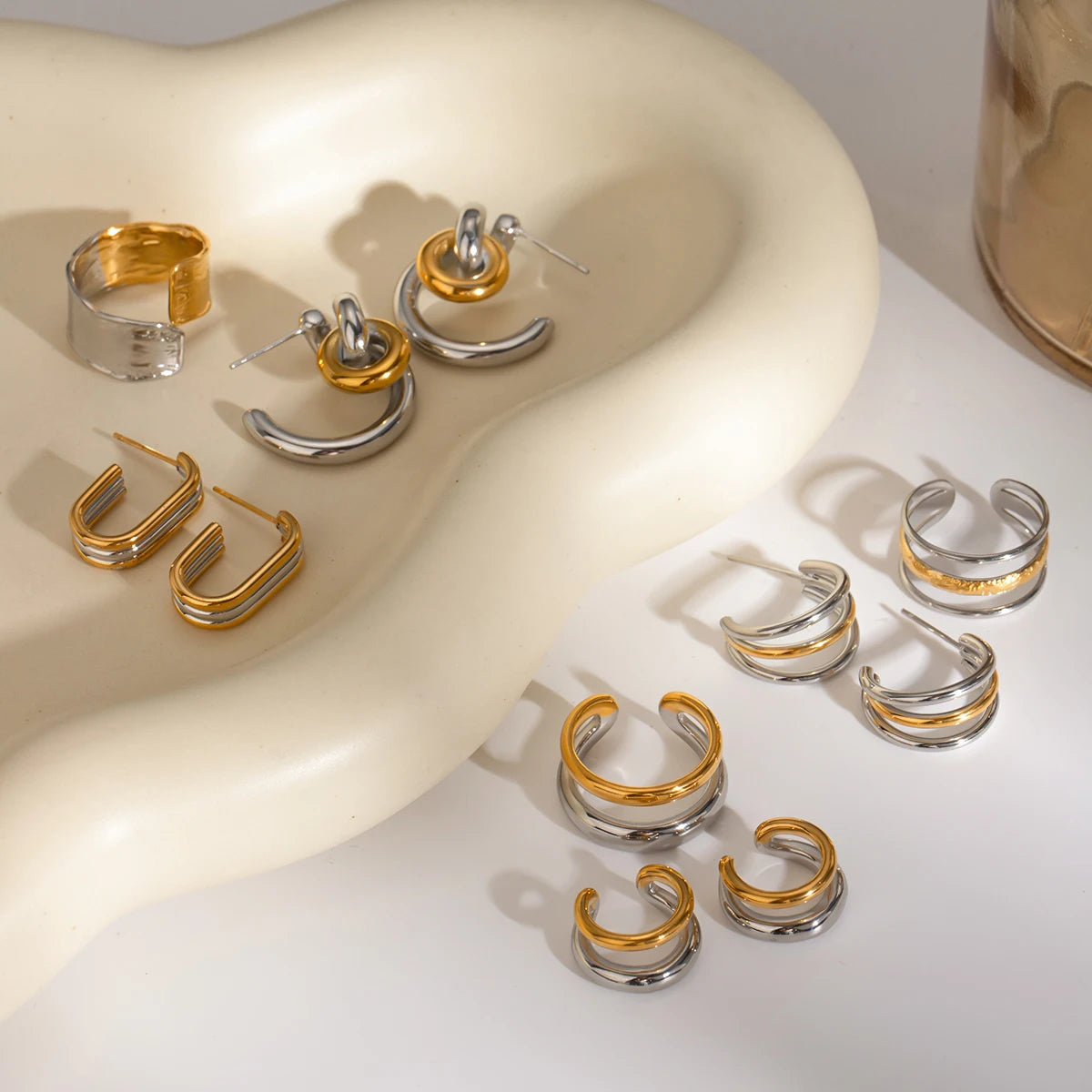 Vintage Stainless Steel 18k Gold Plated Geometric Color Matching Stud Earrings Set Women Temperament Fashion Charm Jewelry Party