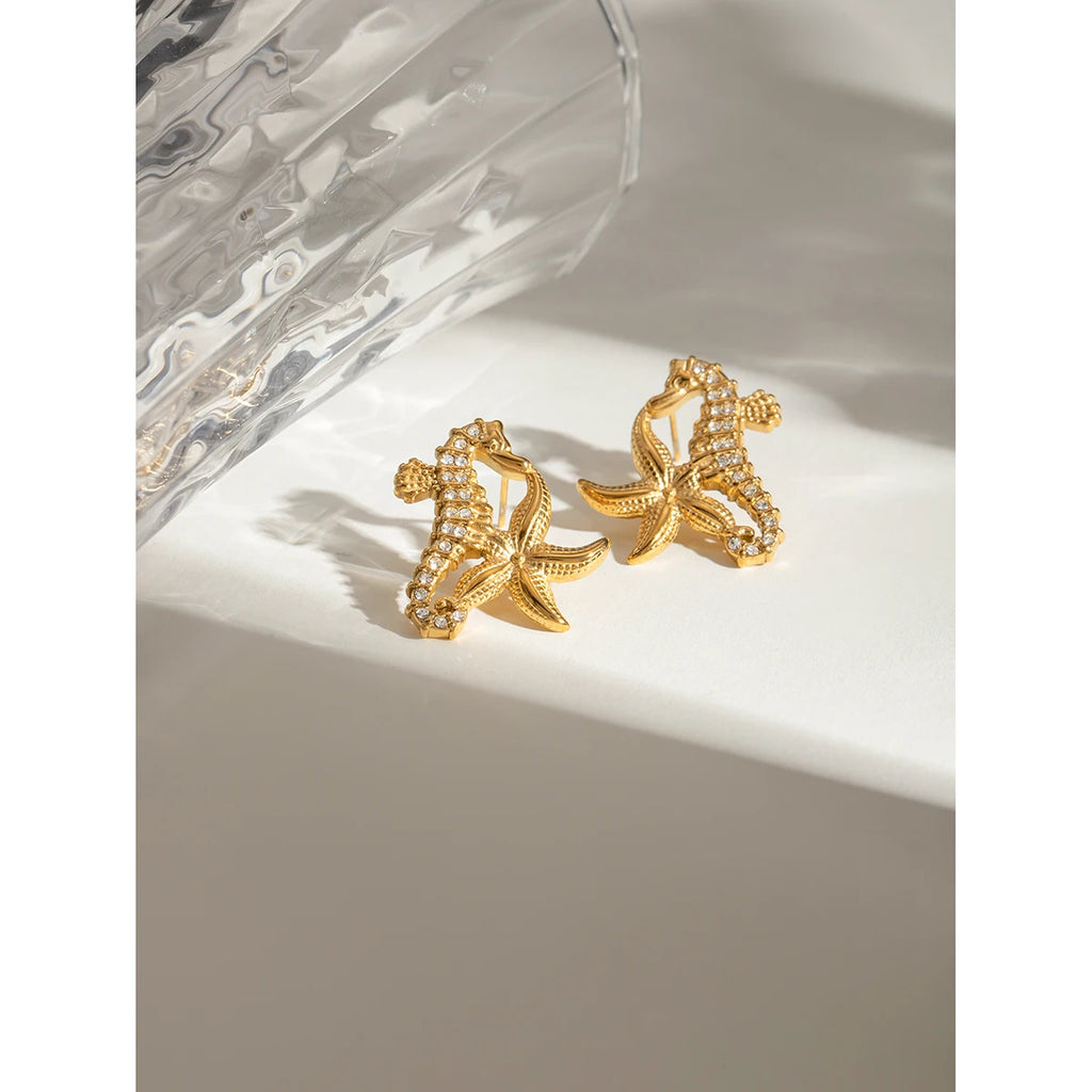 Orecchini in acciaio inossidabile semplici con cavalluccio marino, stella marina, pezzo unico, strass, metallo anti-allergico, gioielli placcati in oro 18K PVD Bijoux