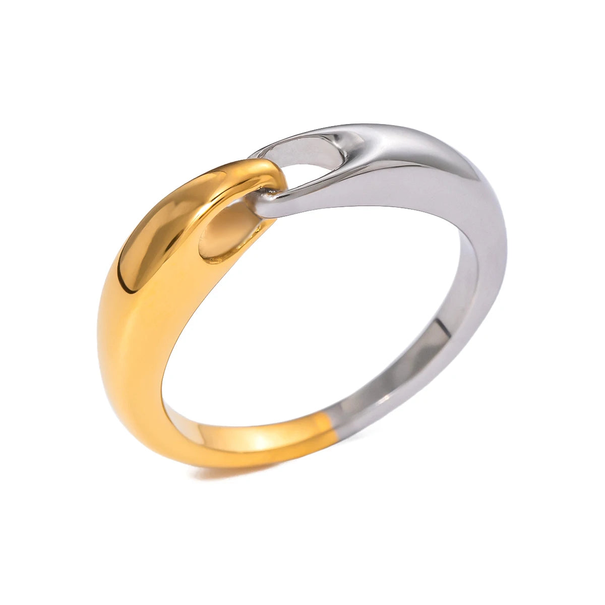 Minimalist 18k Gold & Silver Colorblock Chain Buckle Ring Women Charming Stainless Steel Waterproof Attractive Jewelry